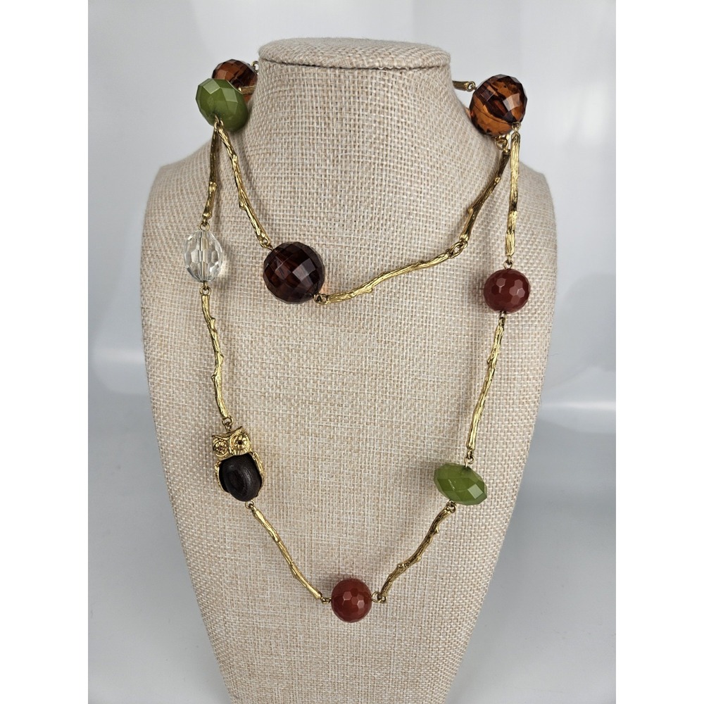 Liz Claiborne Long Owl Branch Necklace  Beads Gold Tone‎